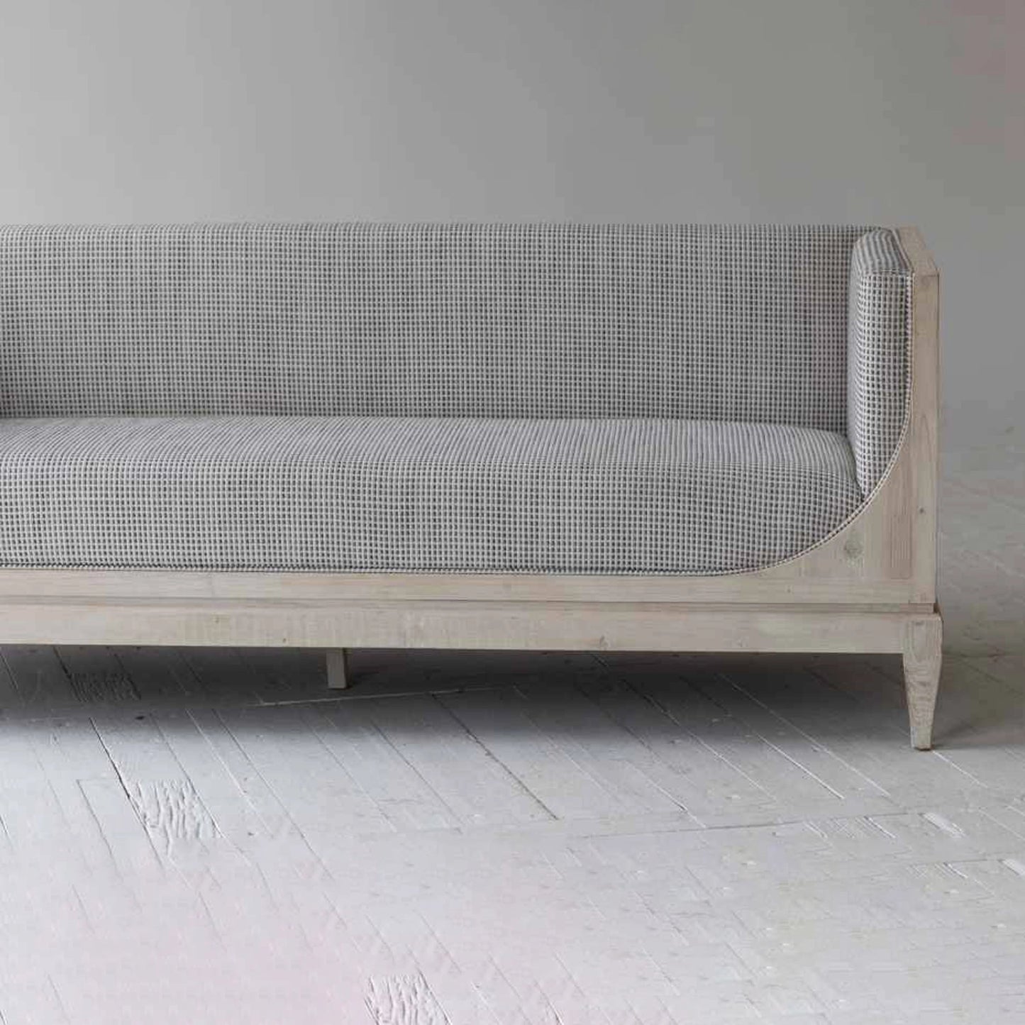 004 SI-2004390 | Closeup | Raphael Sofa by LH Imports in light grey and antique white washed. Made from white pine, polyester, flax fabric, pu foam in a modern style.