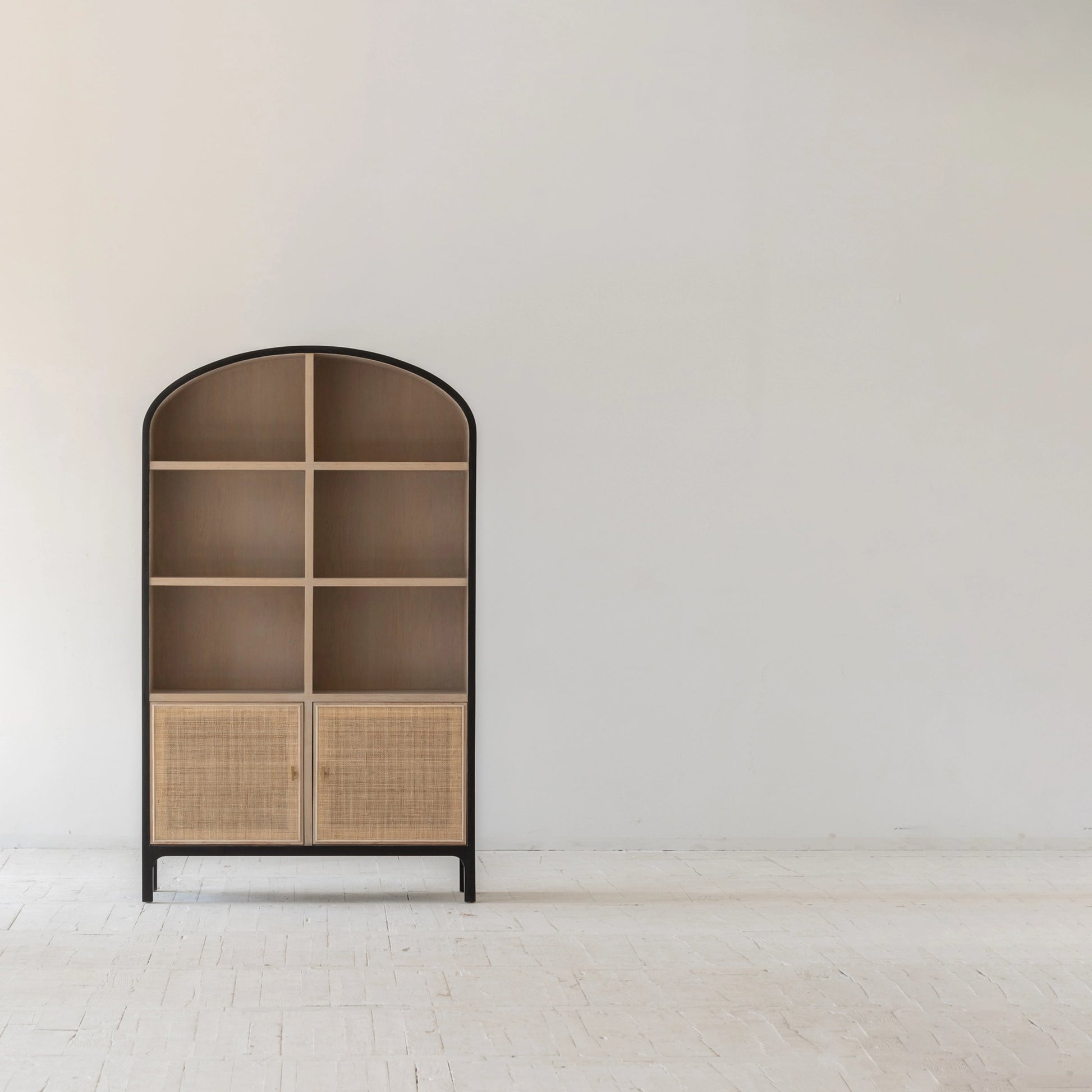 Pietro Cabinet by LH Imports in black, brown and black brushed, natural, brass. Made from oak, rattan, metal in a modern style.