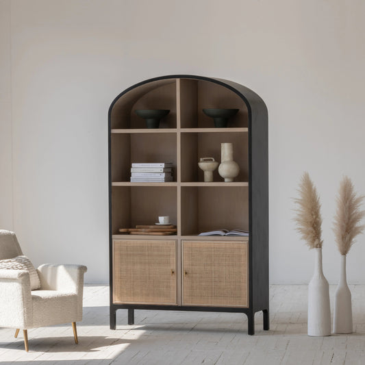 Pietro Cabinet by LH Imports in black, brown and black brushed, natural, brass. Made from oak, rattan, metal in a modern style.