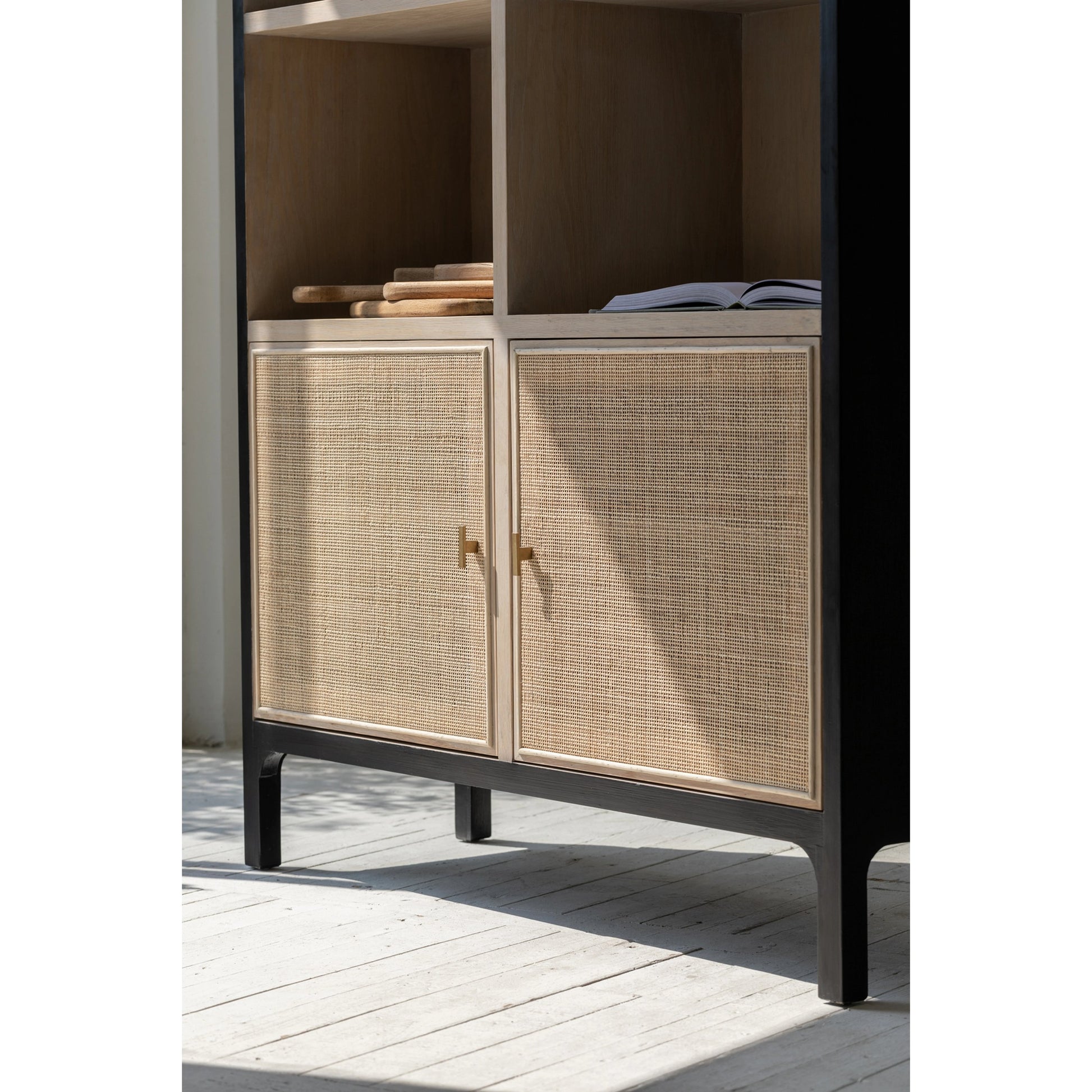 Pietro Cabinet by LH Imports in black, brown and black brushed, natural, brass. Made from oak, rattan, metal in a modern style.
