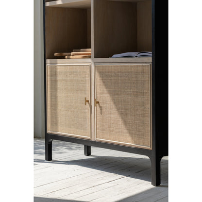 Pietro Cabinet by LH Imports in black, brown and black brushed, natural, brass. Made from oak, rattan, metal in a modern style.