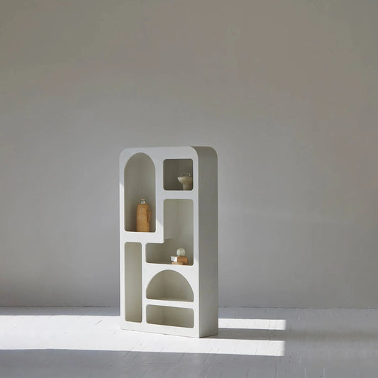 Vinci Bookcase by LH Imports in white. Made from micro cement in a unique style.