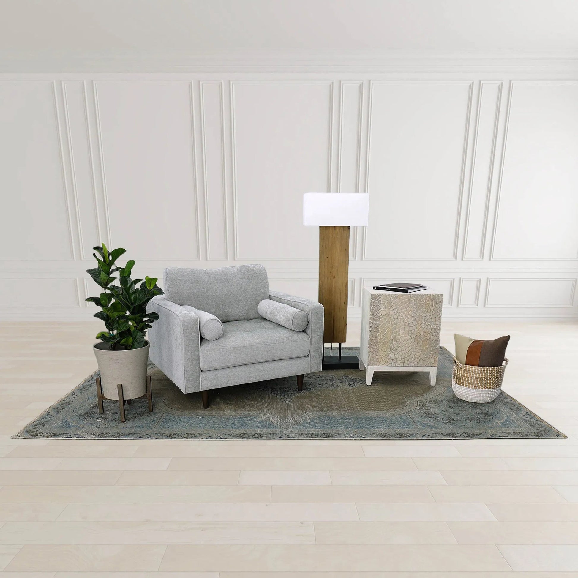 Fonte Standing Lamp by LH Imports in brown, natural linen and natural waxed, antique bronze. Made from recycled pine, concrete, linen shade, metal in a unique style.