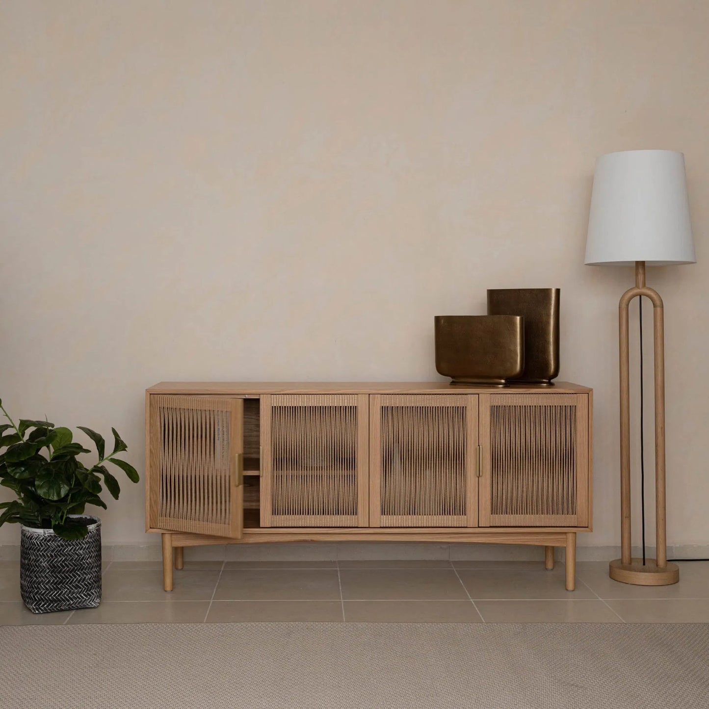 006 SI-2325228 | Lifestyle | Dolce Standing Lamp by LH Imports in brown, white and natural. Made from oak, linen shade, metal in a unique style.