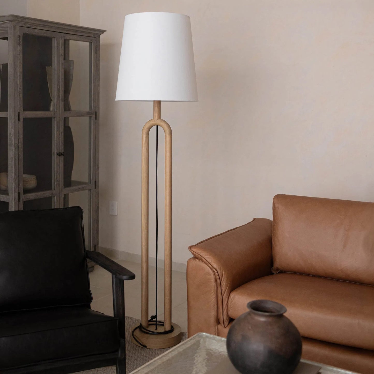 007 SI-2325228 | Lifestyle | Dolce Standing Lamp by LH Imports in brown, white and natural. Made from oak, linen shade, metal in a unique style.