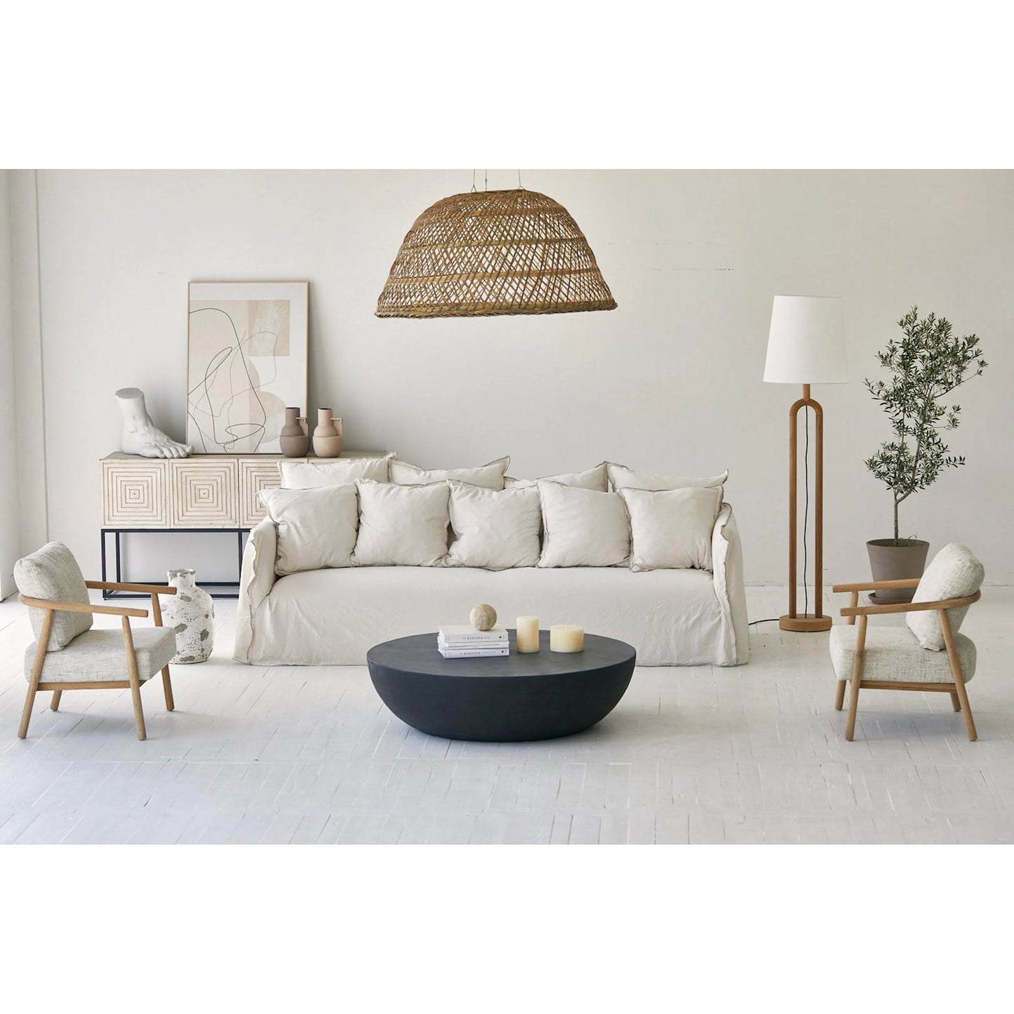 008 SI-2325228 | Lifestyle | Dolce Standing Lamp by LH Imports in brown, white and natural. Made from oak, linen shade, metal in a unique style.