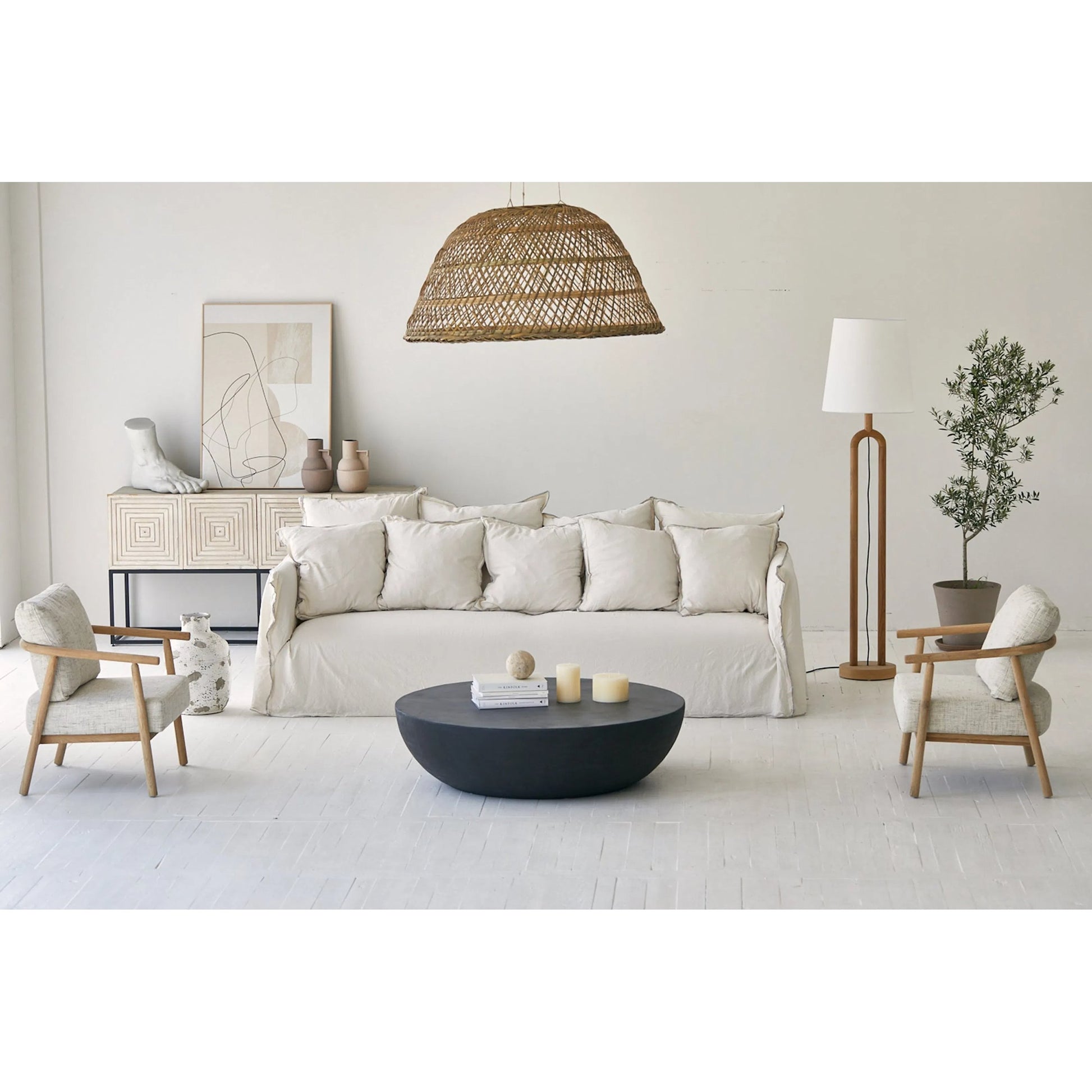 Dolce Standing Lamp by LH Imports in brown, white and natural. Made from oak, linen shade, metal in a unique style.