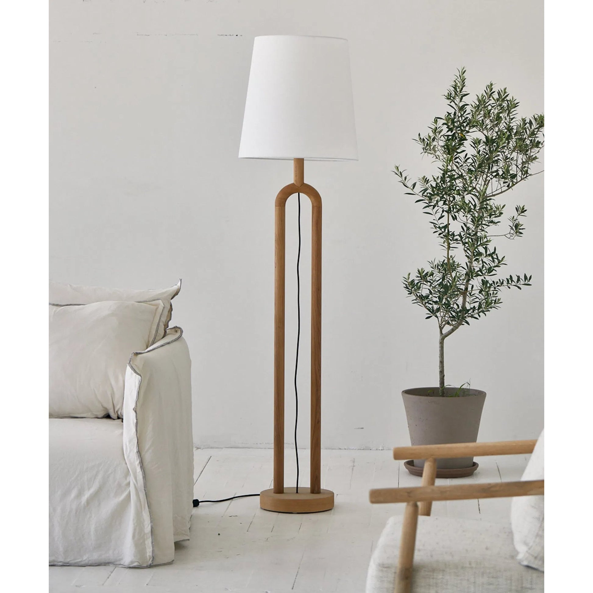 Dolce Standing Lamp by LH Imports in brown, white and natural. Made from oak, linen shade, metal in a unique style.