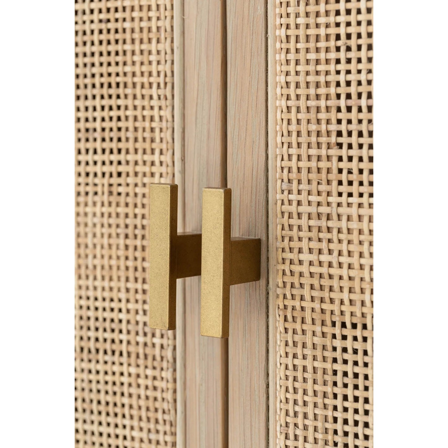 009 SI-2630306 | Closeup | Arco Tall Cabinet by LH Imports in brown and natural, brass. Made from solid oak, oak veneer, rattan, metal in a unique style.