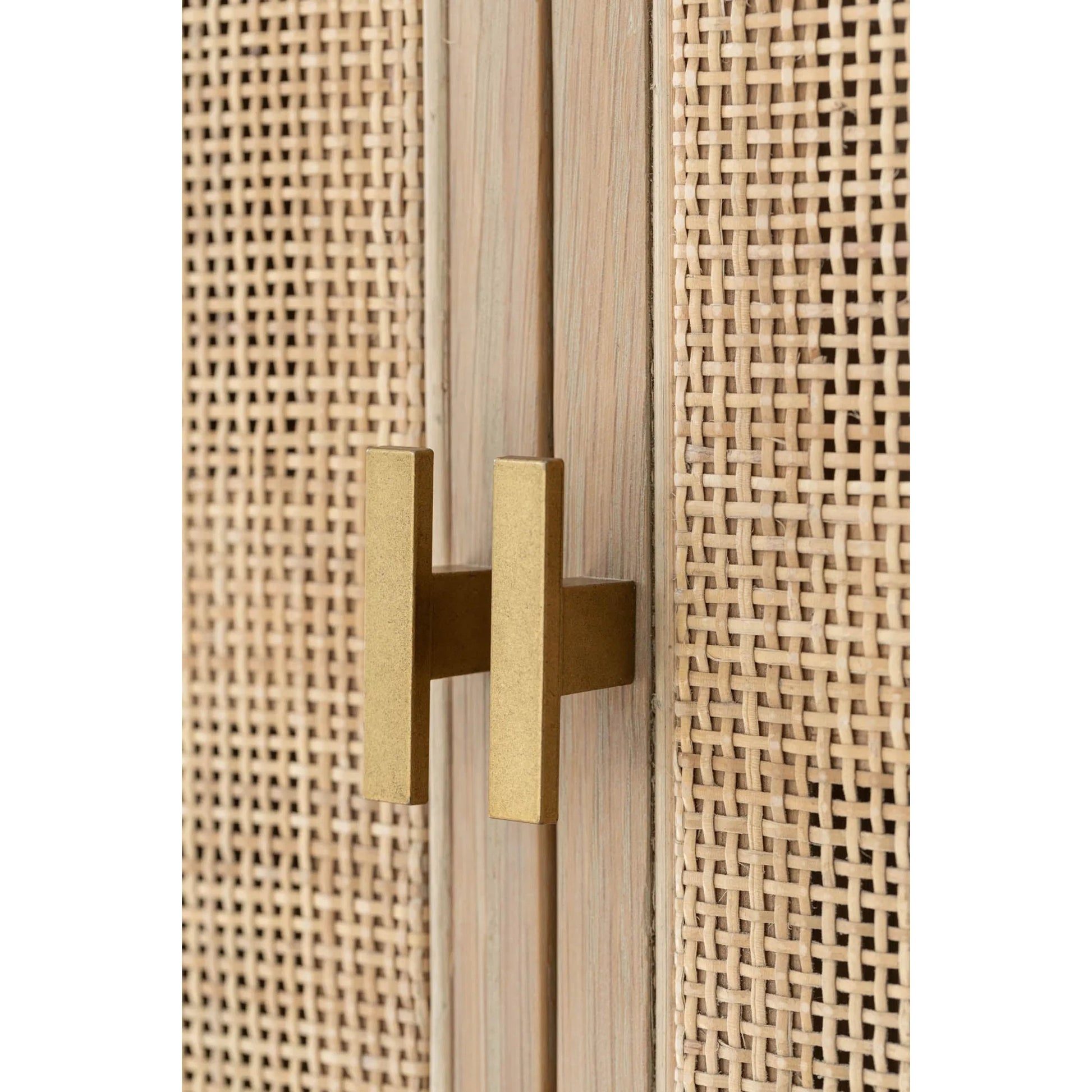 Arco Tall Cabinet by LH Imports in brown and natural, brass. Made from solid oak, oak veneer, rattan, metal in a unique style.