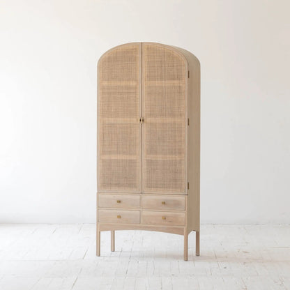Arco Tall Cabinet by LH Imports in brown and natural, brass. Made from solid oak, oak veneer, rattan, metal in a unique style.