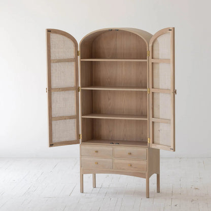 Arco Tall Cabinet by LH Imports in brown and natural, brass. Made from solid oak, oak veneer, rattan, metal in a unique style.