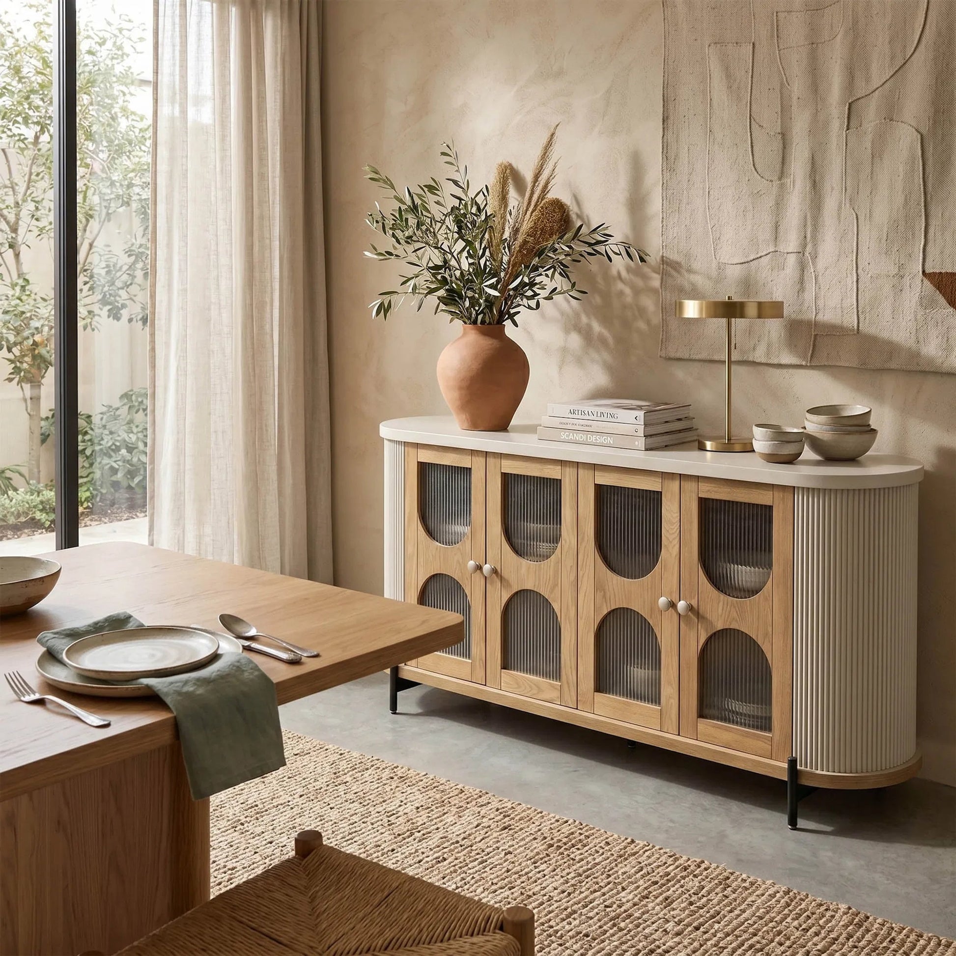 Colosseo Sideboard by LH Imports in brown, grey and natural oak, grey, black. Made from solid oak, mdf, oak veneer, metal, glass in a unique style.