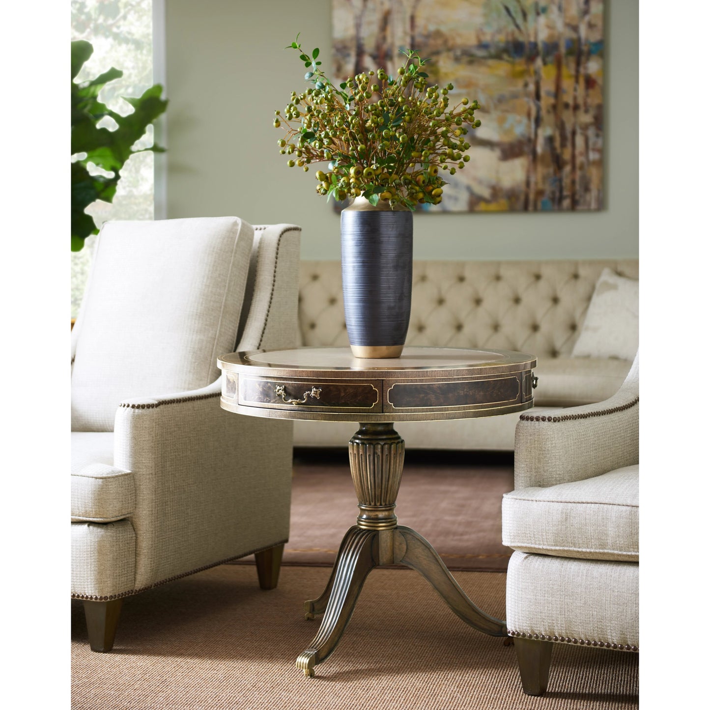 008 SI-1991025 | Lifestyle | Buckingham Bleached Mahogany Drum Table by Jonathan Charles in brown and bleached mahogany. Made from acacia in a traditional style.