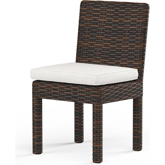 Montecito Outdoor Armless Dining Chair by Sunset West in cognac. Made from resin wicker in a modern style.