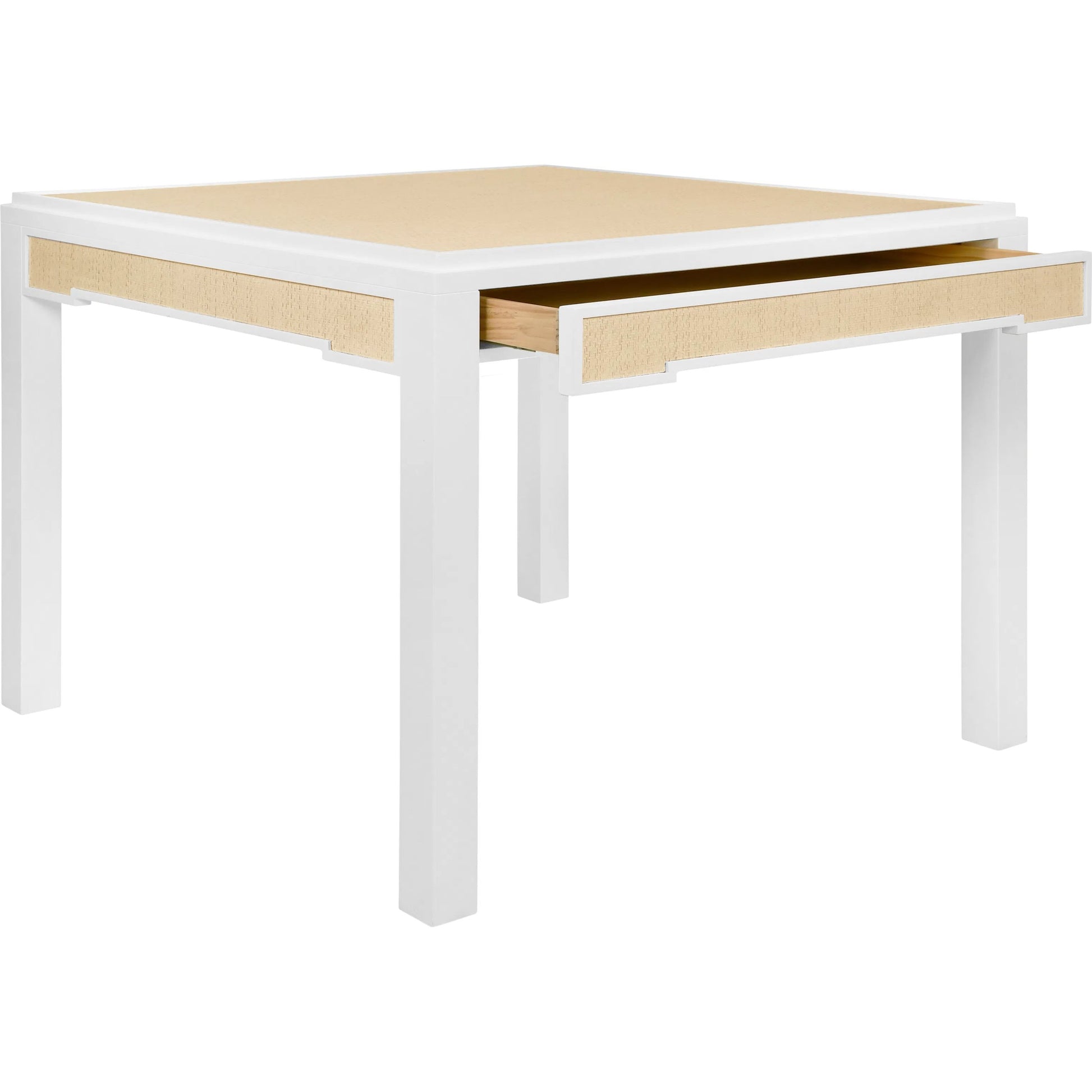 Robin Square Two Drawer Game Table by Worlds Away in white, natural. Made from solid wood, mdf, rattan in a transitional style.