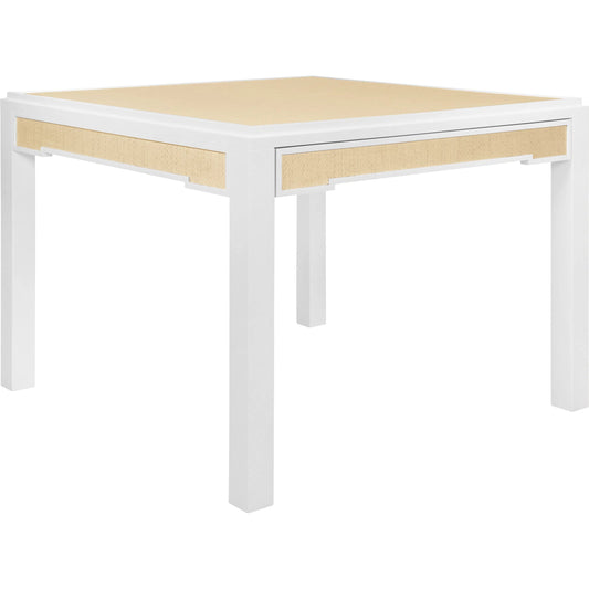 Robin Square Two Drawer Game Table by Worlds Away in white, natural. Made from solid wood, mdf, rattan in a transitional style.