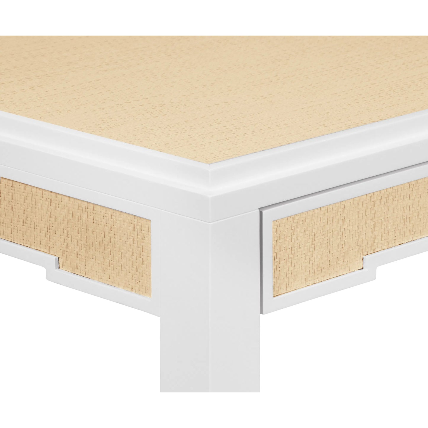 004 SI-2461334 | Closeup | Robin Square Two Drawer Game Table by Worlds Away in white, natural. Made from solid wood, mdf, rattan in a transitional style.