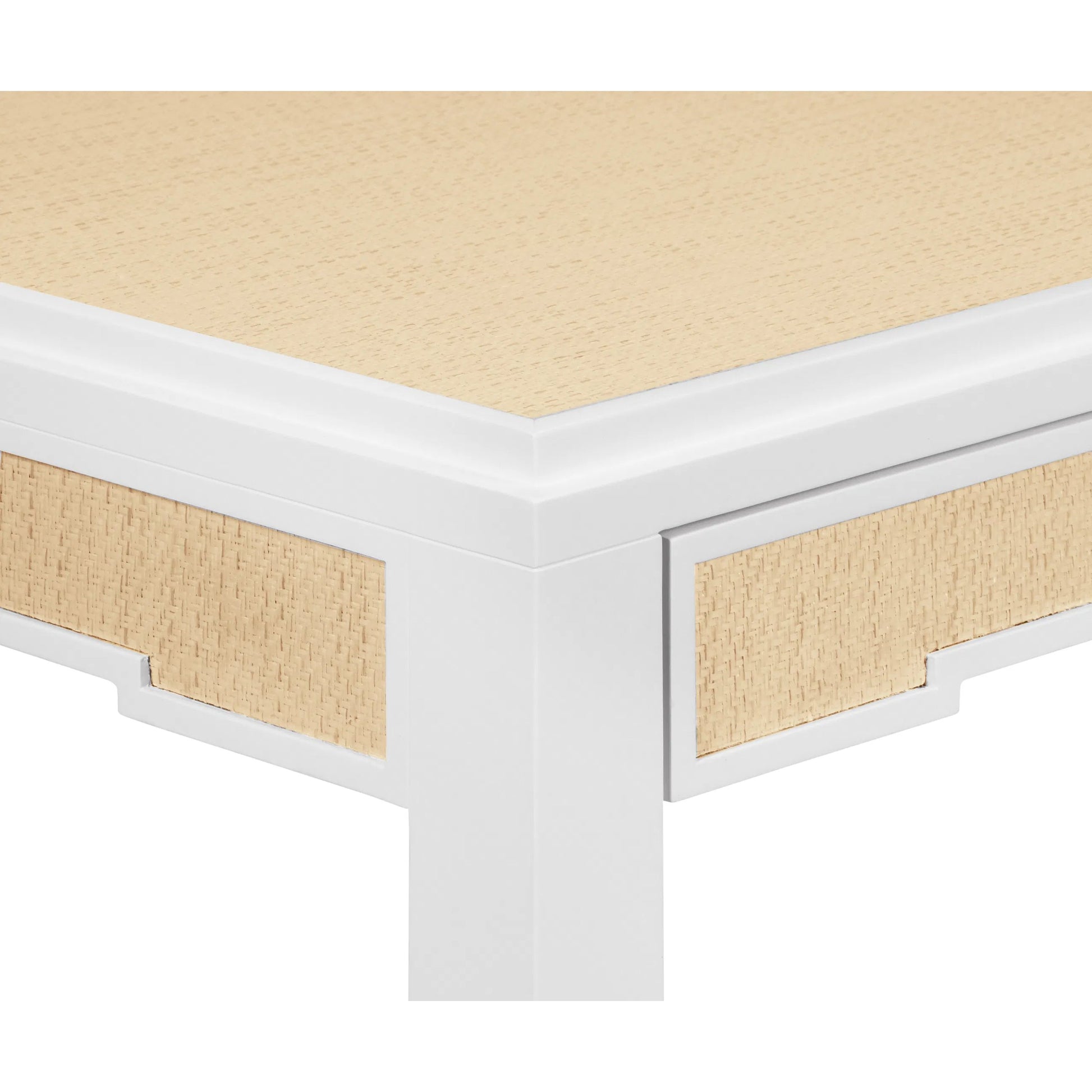 Robin Square Two Drawer Game Table by Worlds Away in white, natural. Made from solid wood, mdf, rattan in a transitional style.