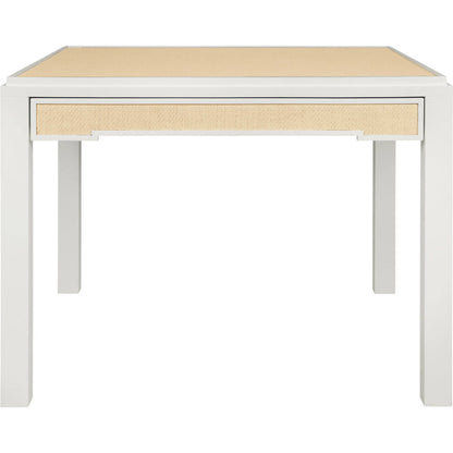 Robin Square Two Drawer Game Table by Worlds Away in white, natural. Made from solid wood, mdf, rattan in a transitional style.