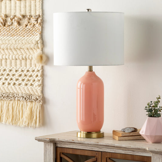 Monroe - 30882 by Surya in body: pink, base: metallic - brass, shade: white, finial: metallic - brass, harp: metallic - nickel, cord: translucent and brushedpaintedbleached. Made from shade (outside): linen, shade (inside): pol