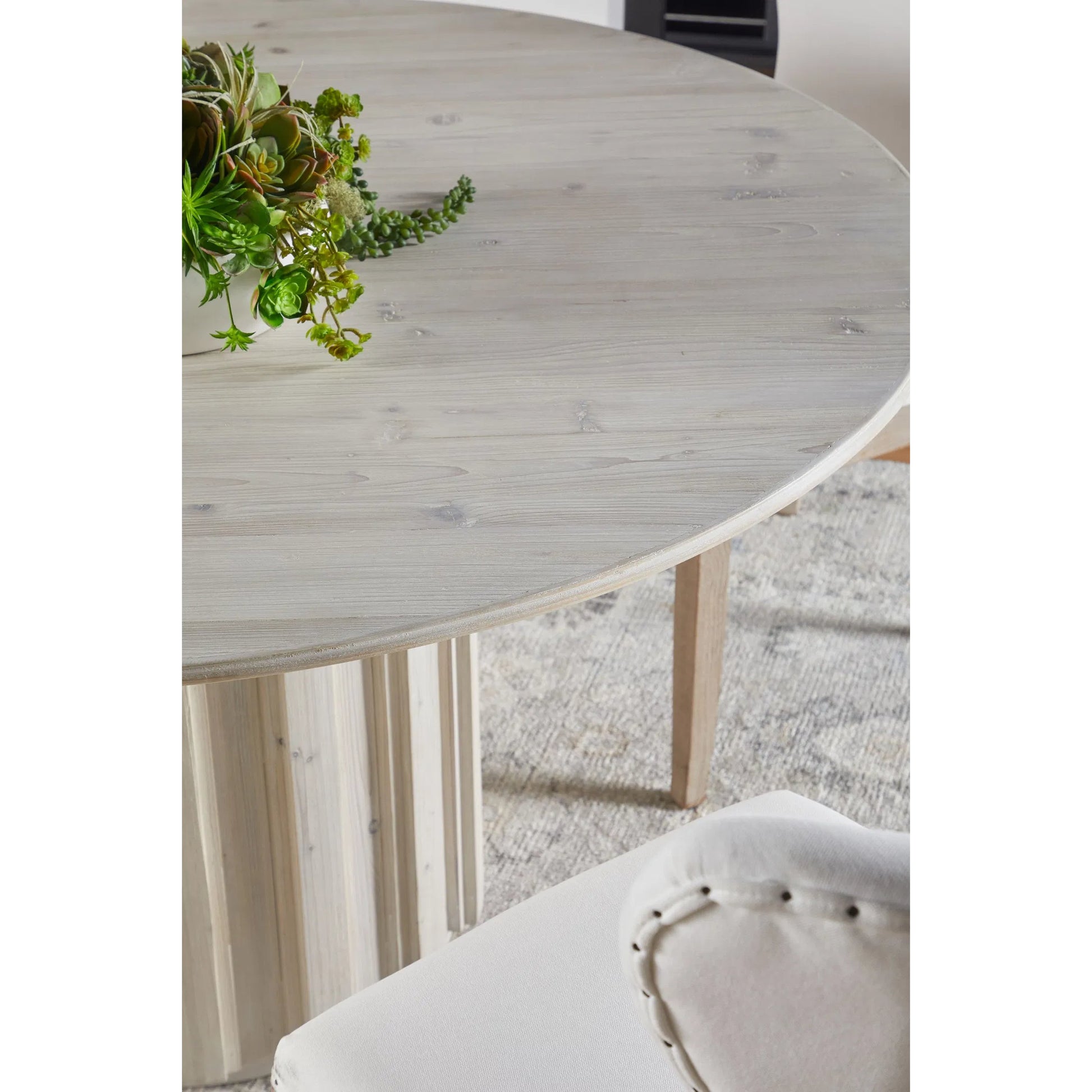 Roma 54" Round Dining Table by Essentials For Living in white wash pine. Made from solid reclaimed pine wood, reclaimed pine veneer, mdf in a modern style.