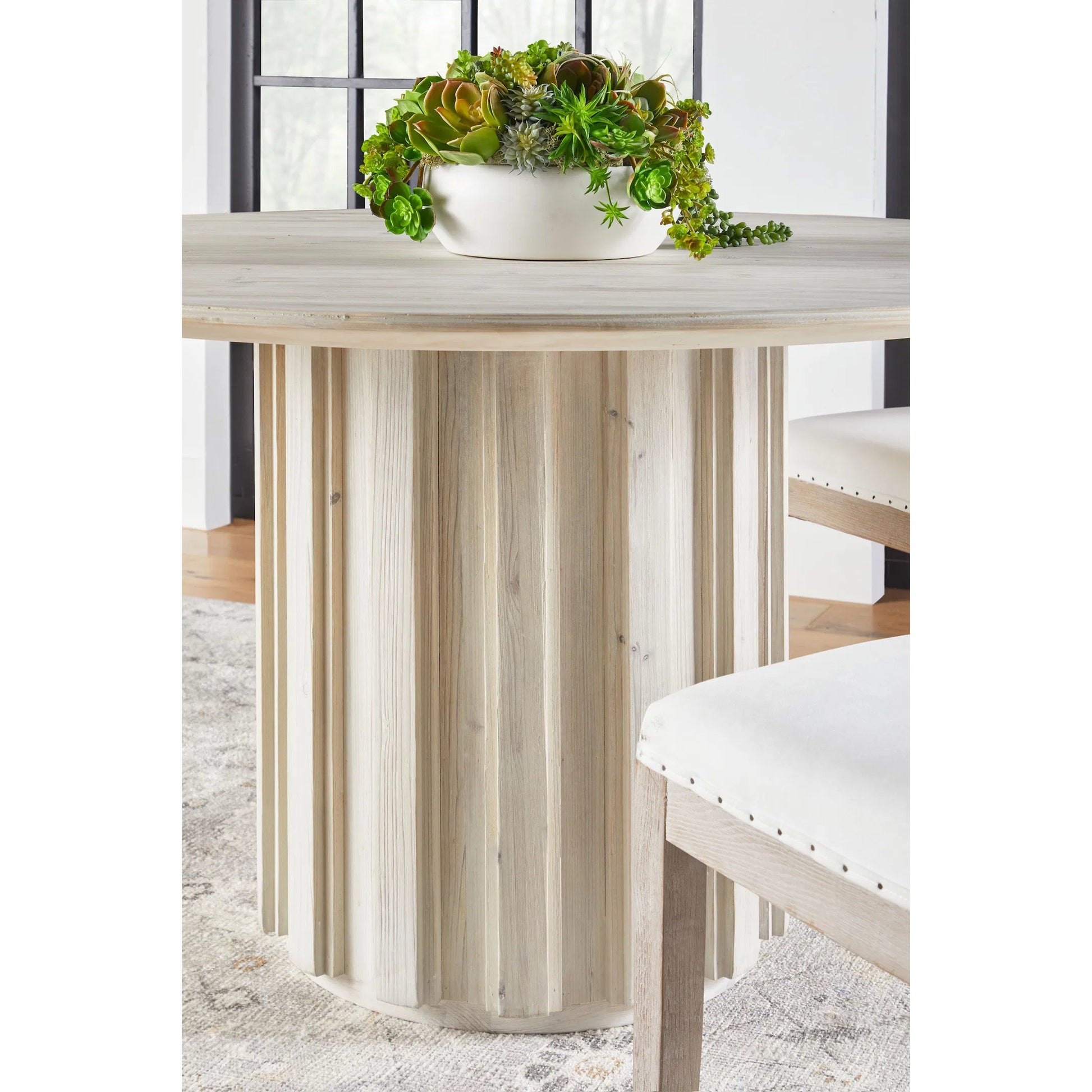 Roma 54" Round Dining Table by Essentials For Living in white wash pine. Made from solid reclaimed pine wood, reclaimed pine veneer, mdf in a modern style.