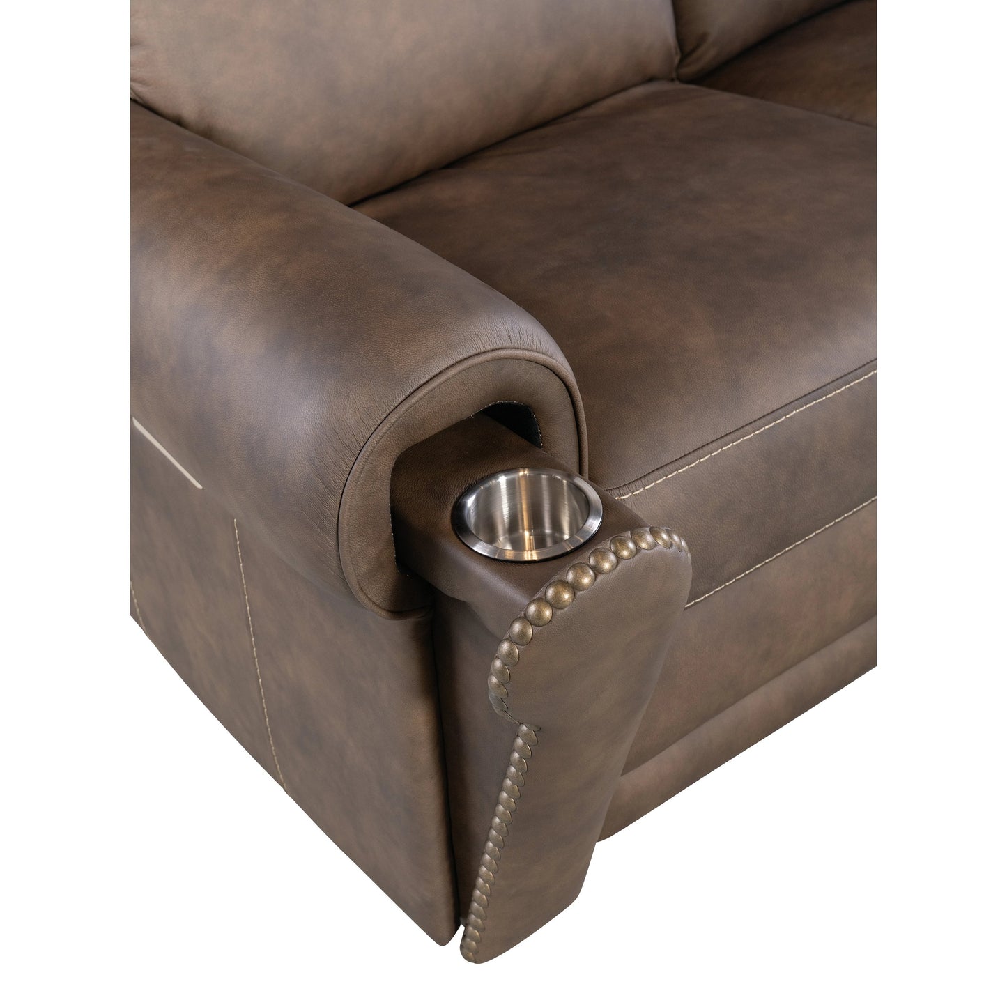 012 SI-2133810 | Closeup | Duncan Power Loveseat by Hooker Furniture in kalahari bark. Made from leather, kalahari bark (semi-aniline top grain with splits) in a traditional style.