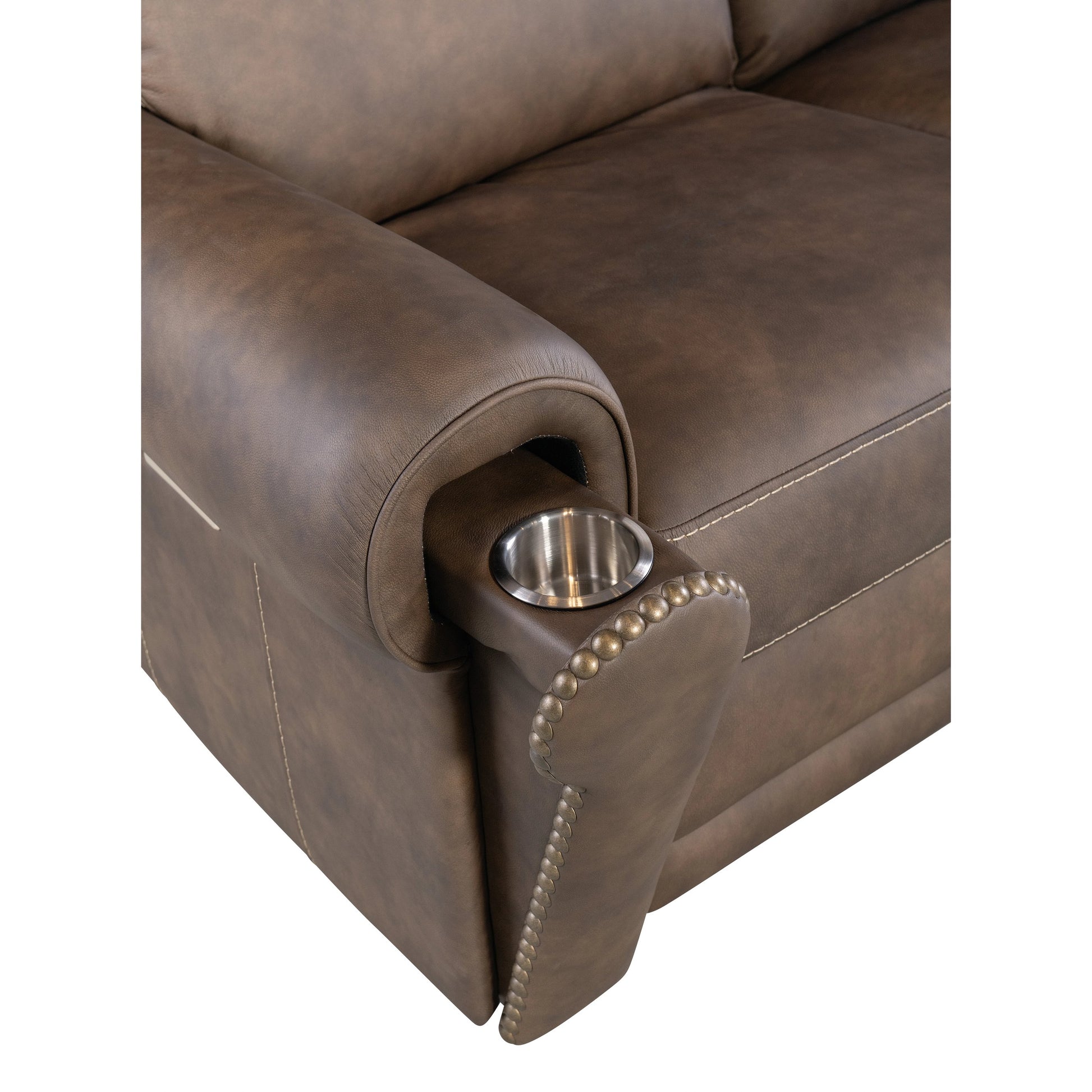 Duncan Power Loveseat by Hooker Furniture in kalahari bark. Made from leather, kalahari bark (semi-aniline top grain with splits) in a traditional style.