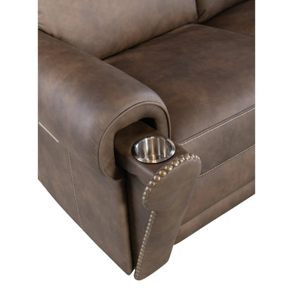 Duncan Power Loveseat by Hooker Furniture in kalahari bark. Made from leather, kalahari bark (semi-aniline top grain with splits) in a traditional style.