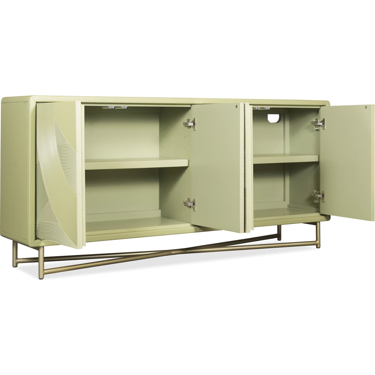 003 SI-2458544 | Additional Silo | Commerce and Market Into the Woods Credenza by Hooker Furniture in green painted, gold metal. Made from metal tube, alder solids, basswood veneers, resin in a modern style.