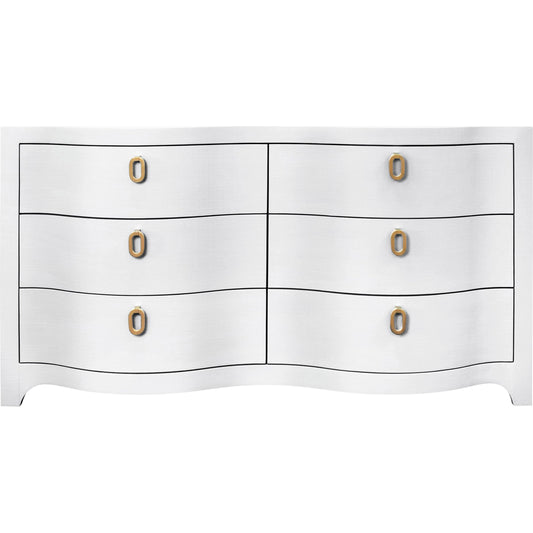 Rosie Curved Front Six Drawer Chest by Worlds Away. Made from linen, solid wood, mdf in a unique style.