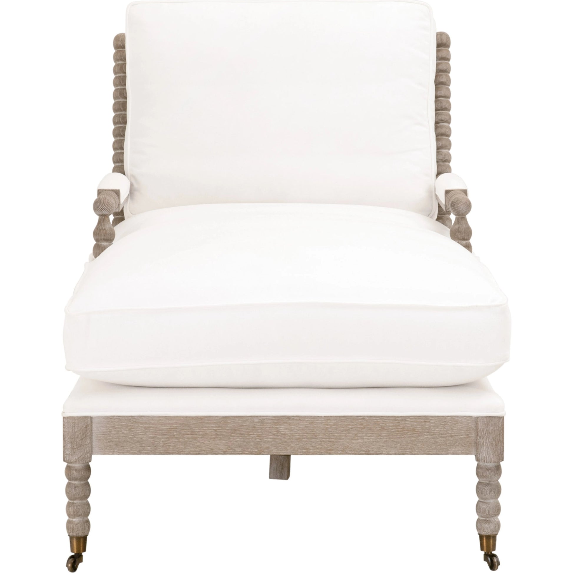 Rouleau Chaise Lounge by Essentials For Living in livesmart peyton pearl and natural gray oak. Made from solid oak wood, 98% polyester, 2% nylon fabric, foam, down blend in a cottage & farmhouse style.