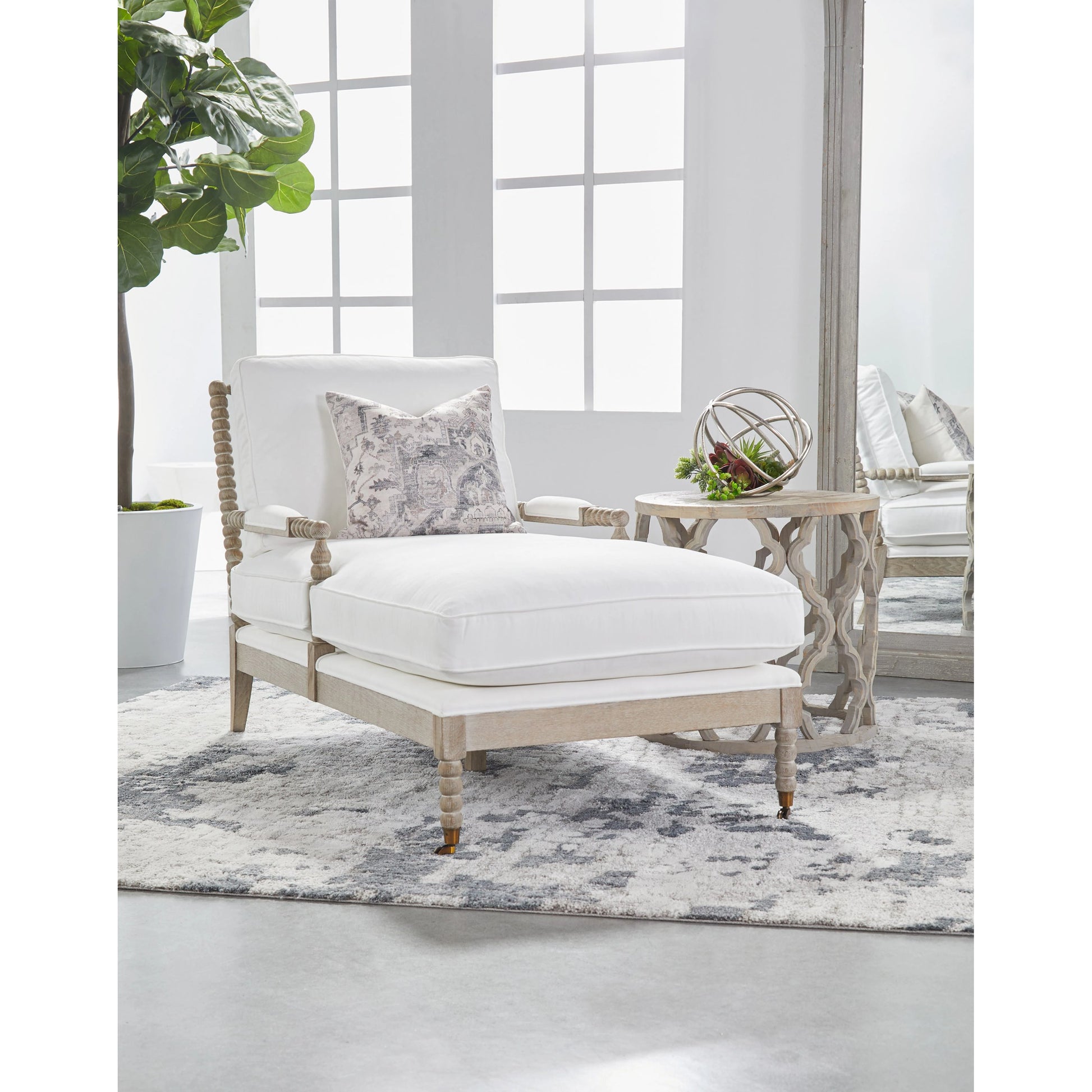 Rouleau Chaise Lounge by Essentials For Living in livesmart peyton pearl and natural gray oak. Made from solid oak wood, 98% polyester, 2% nylon fabric, foam, down blend in a cottage & farmhouse style.