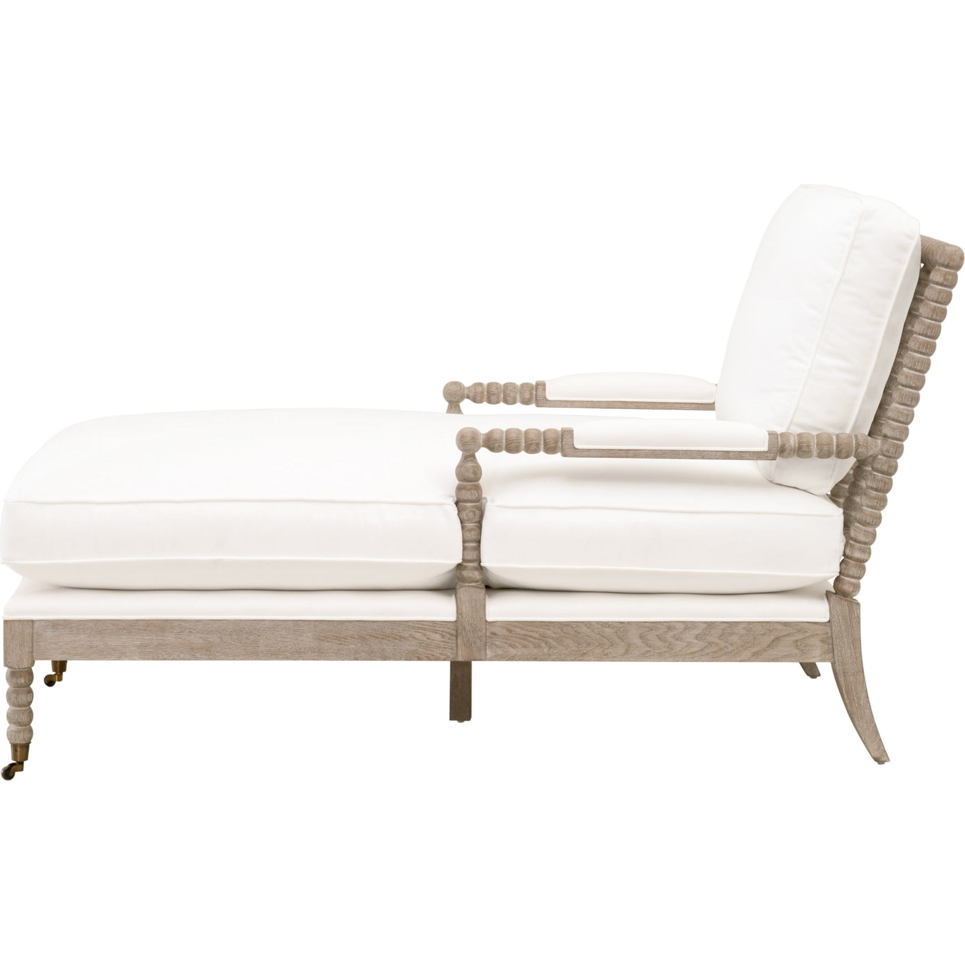 Rouleau Chaise Lounge by Essentials For Living in livesmart peyton pearl and natural gray oak. Made from solid oak wood, 98% polyester, 2% nylon fabric, foam, down blend in a cottage & farmhouse style.