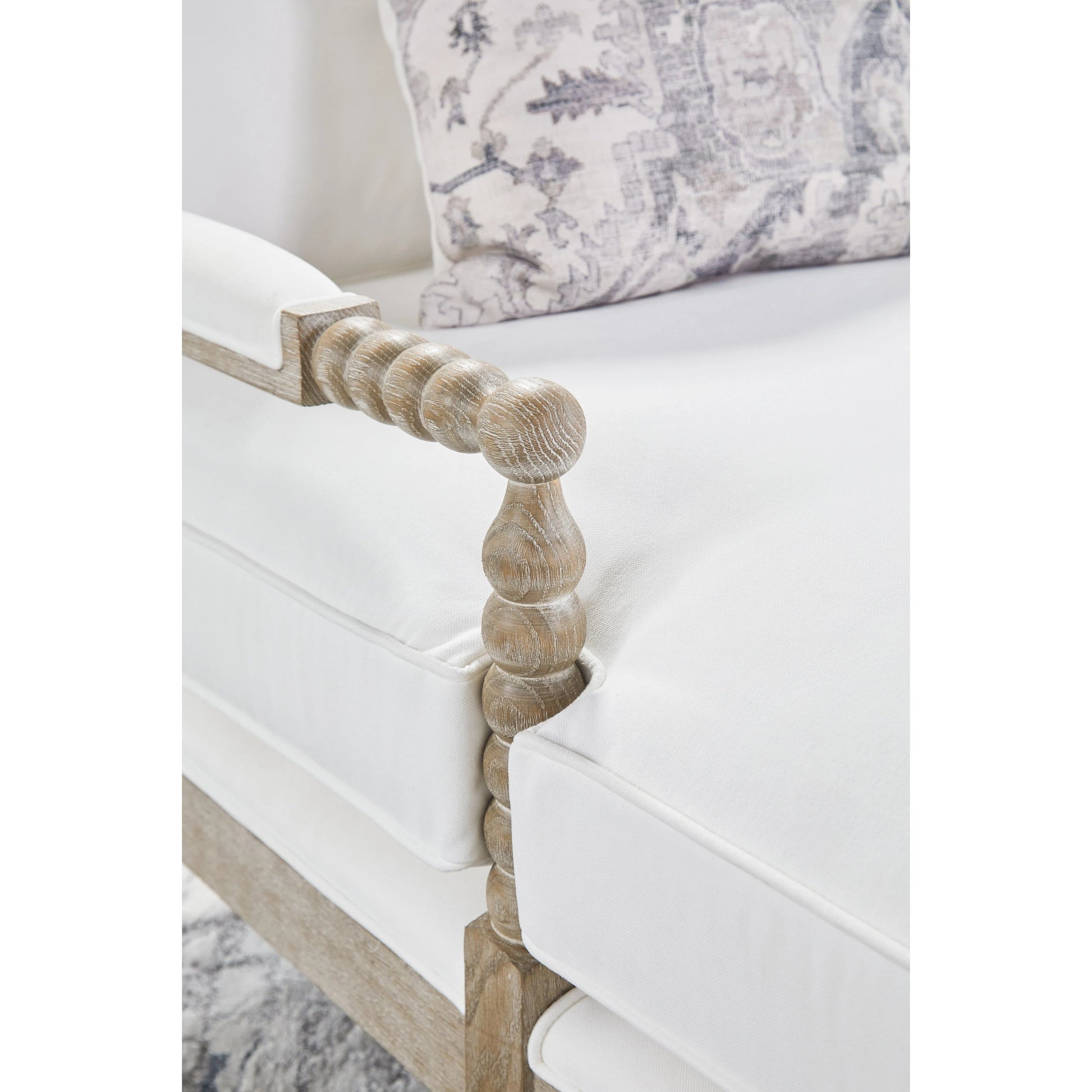 Rouleau Chaise Lounge by Essentials For Living in livesmart peyton pearl and natural gray oak. Made from solid oak wood, 98% polyester, 2% nylon fabric, foam, down blend in a cottage & farmhouse style.