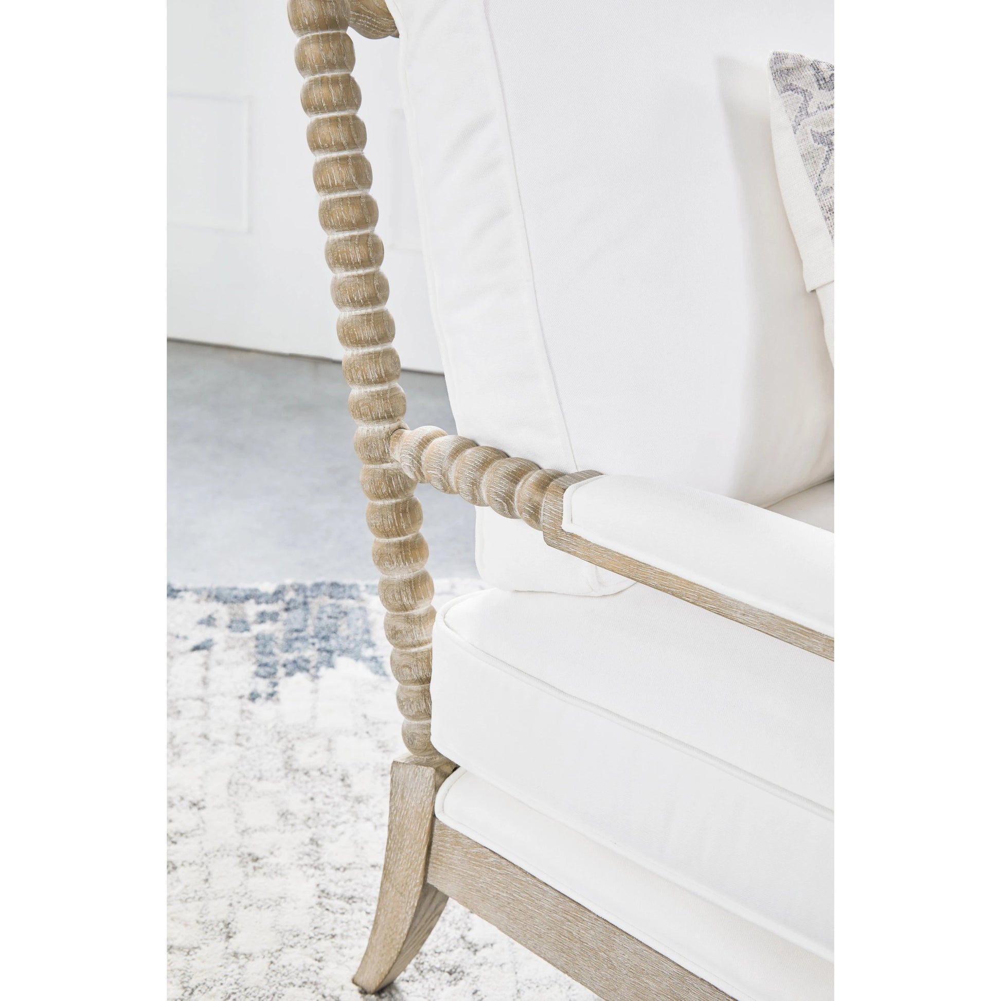 Rouleau Chaise Lounge by Essentials For Living in livesmart peyton pearl and natural gray oak. Made from solid oak wood, 98% polyester, 2% nylon fabric, foam, down blend in a cottage & farmhouse style.