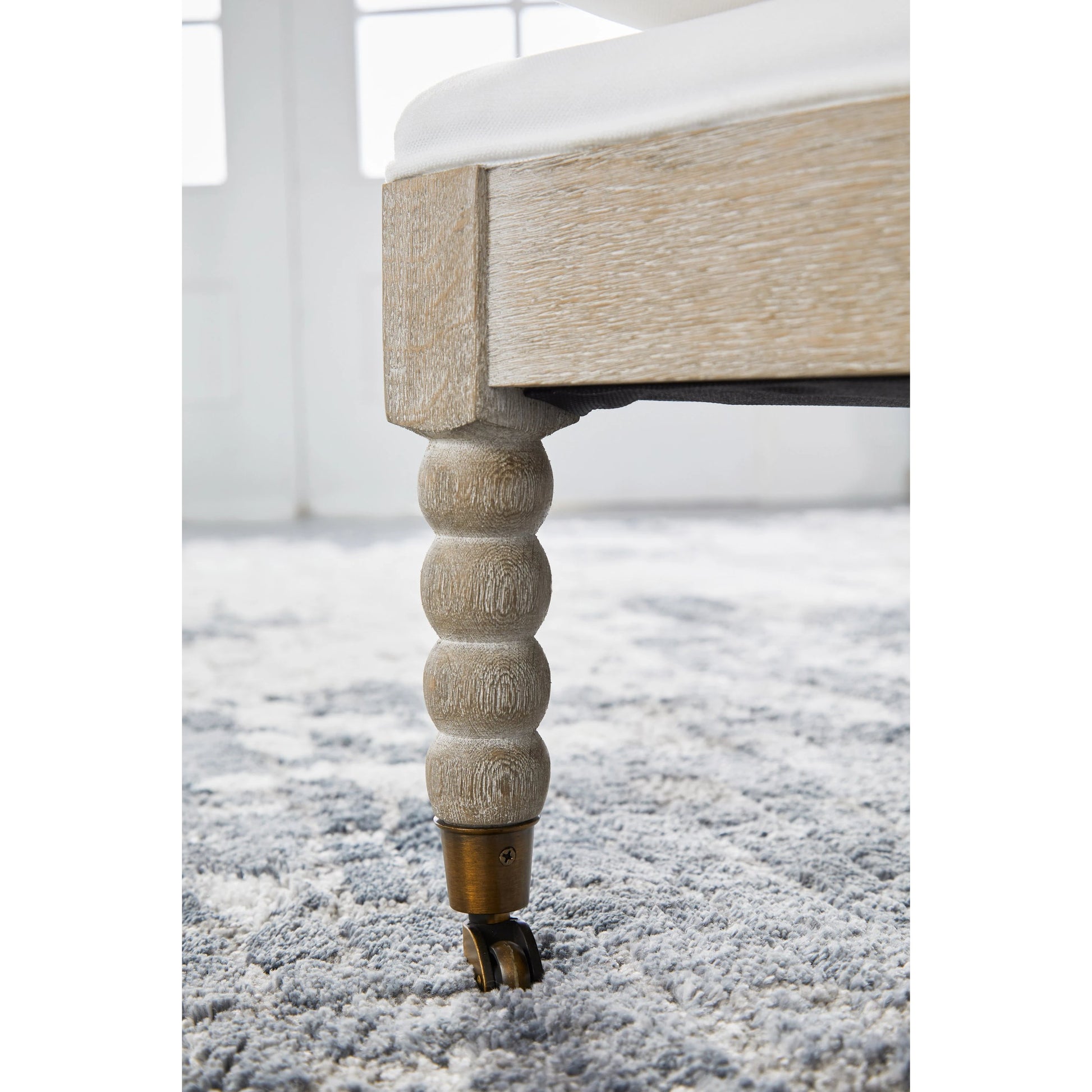 Rouleau Chaise Lounge by Essentials For Living in livesmart peyton pearl and natural gray oak. Made from solid oak wood, 98% polyester, 2% nylon fabric, foam, down blend in a cottage & farmhouse style.