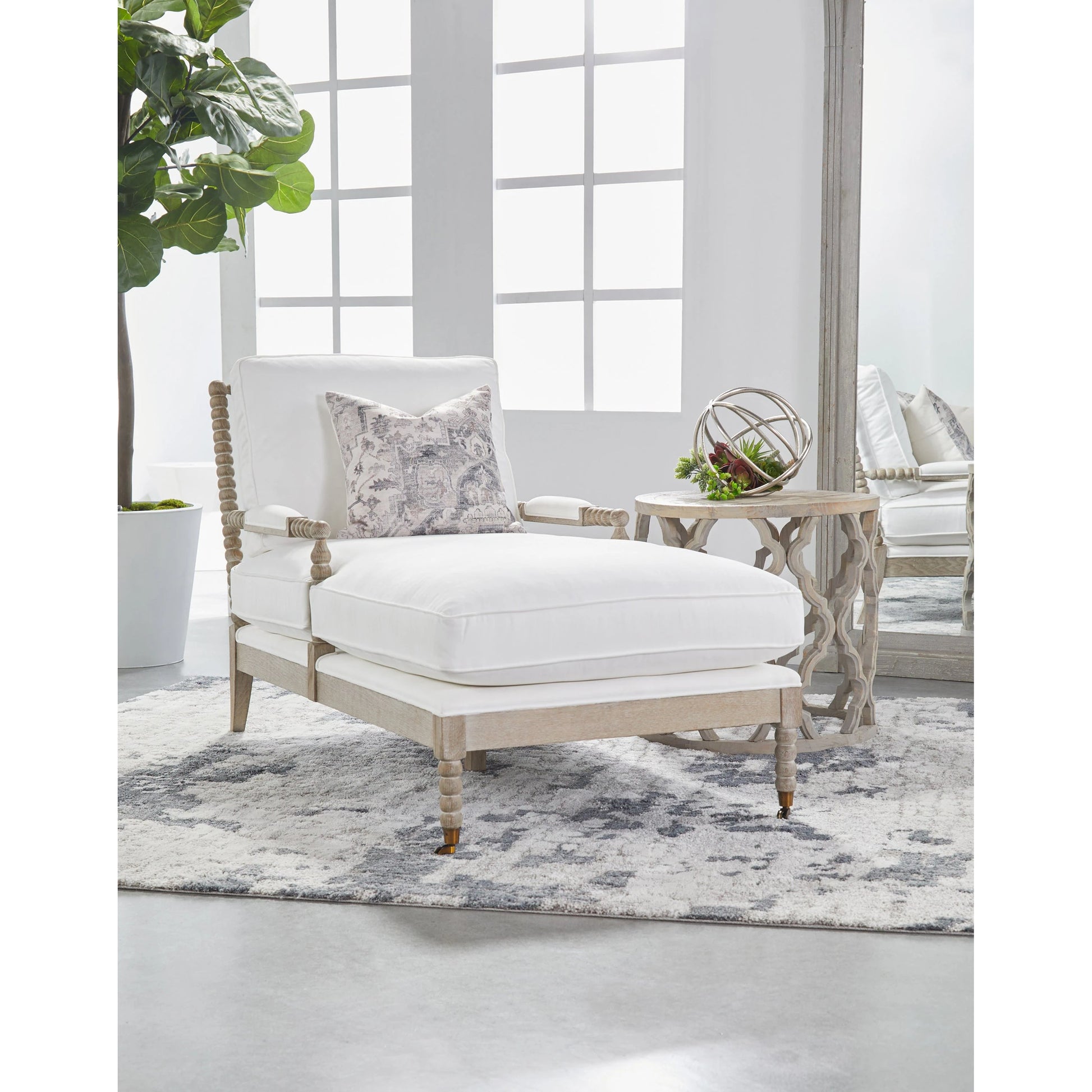 Rouleau Chaise Lounge by Essentials For Living in livesmart peyton pearl and natural gray oak. Made from solid oak wood, 98% polyester, 2% nylon fabric, foam, down blend in a cottage & farmhouse style.