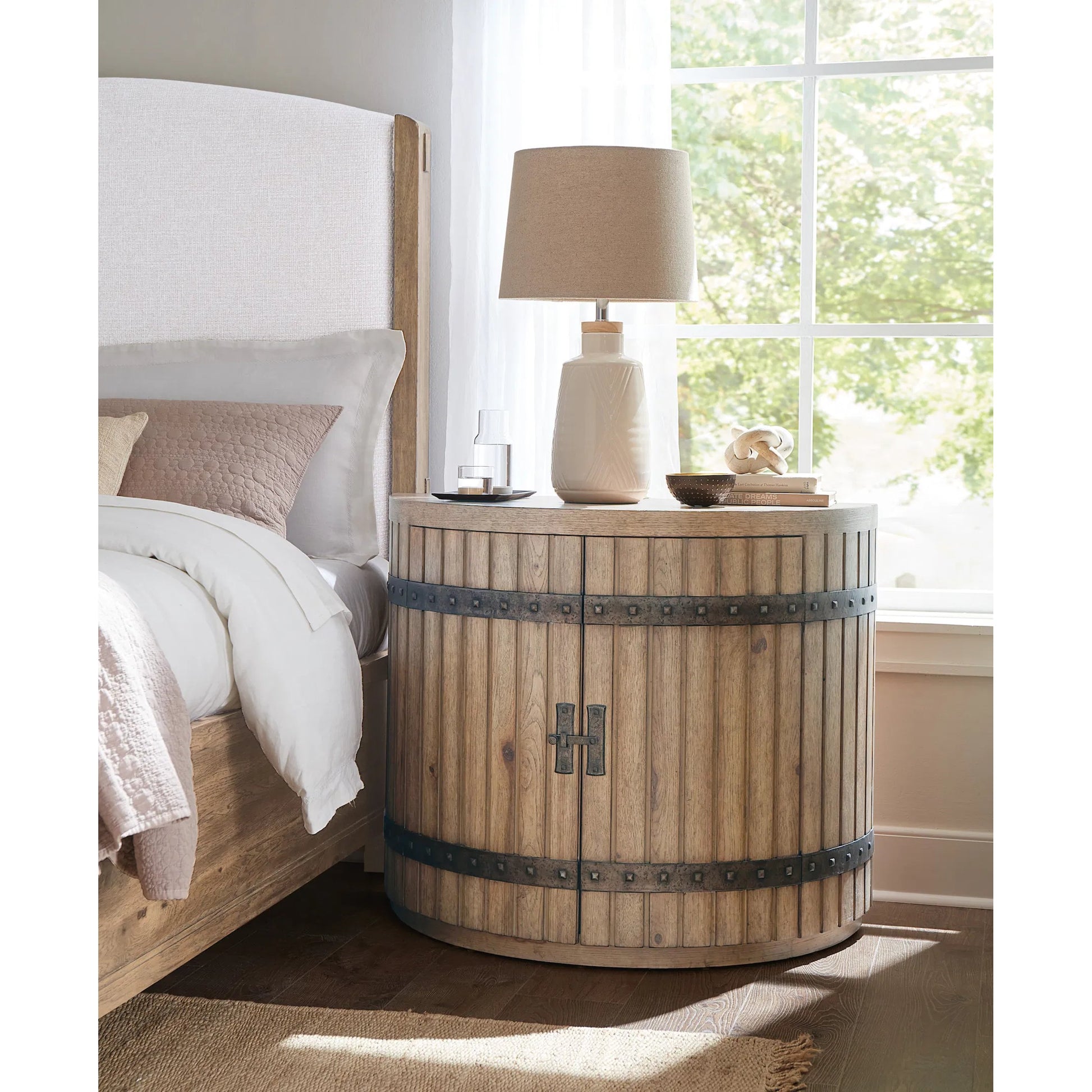 Vineyard Row Demilune Nightstand by Hooker Furniture in light wood and sonoma. Made from unique in a transitional style.