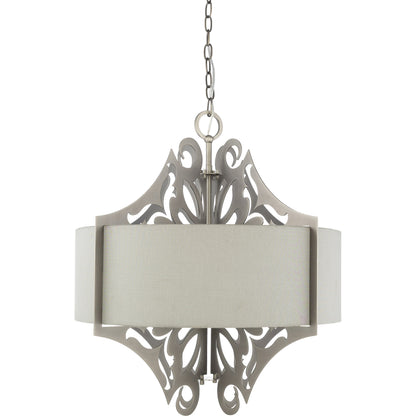 Roxy Indoor/Outdoor Ceiling Light by Surya in translucent, metallic nickel, metallic pewter, white, gray and medium gray, n/a. Made from linen, polyester, metal in a transitional style.