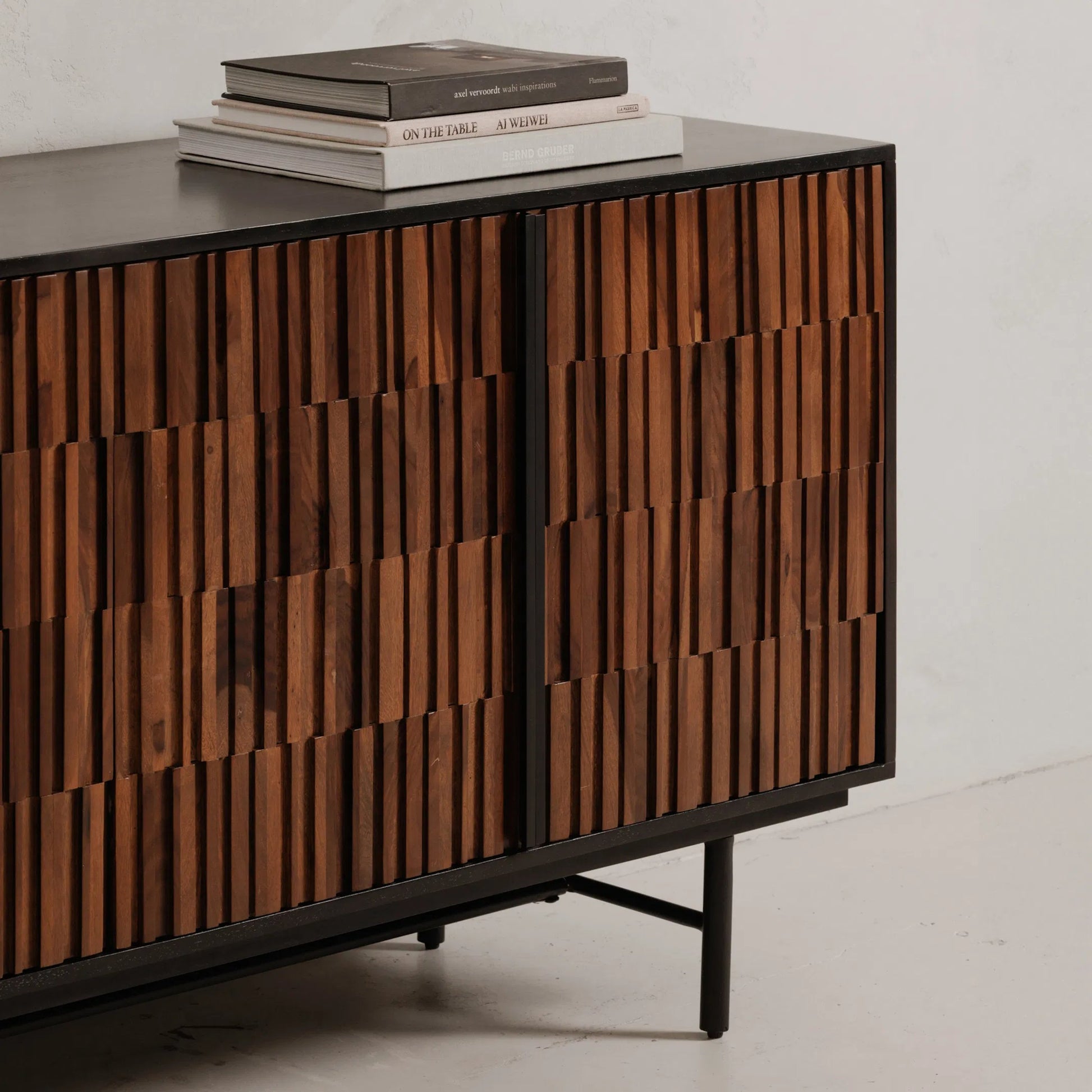 Jackson Sideboard by Moe's Home Collection in body - black matt doors - natural sheesham inside finish - black matt base - black matt powder cote and body - black matt doors - natural sheesham inside finish - black matt base - b