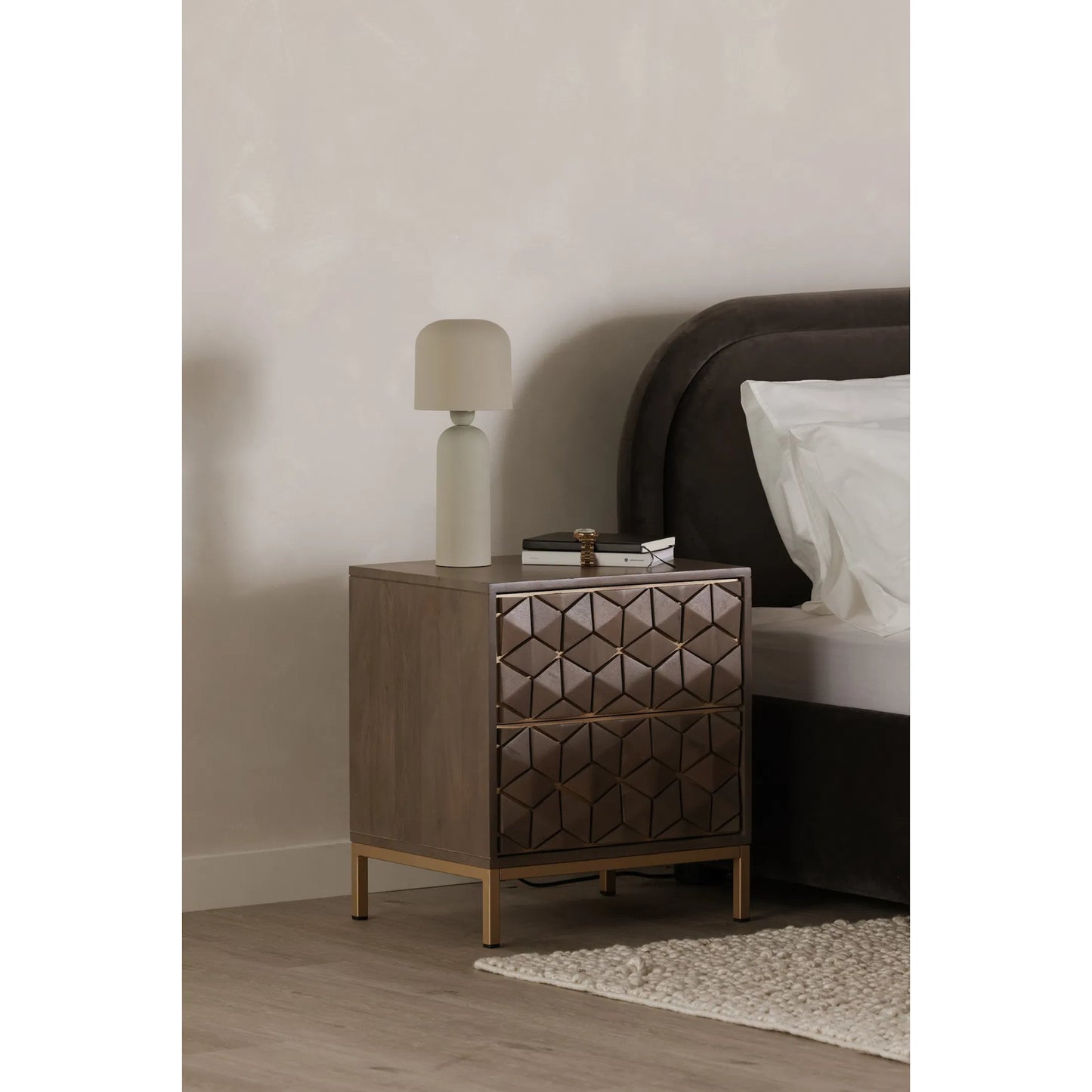 007 SR-816707 | Lifestyle | Corolla Nightstand by Moe's Home Collection in light gray, brass. Made from solid mango wood, veneers over mdf, iron base in a eclectic & global style.
