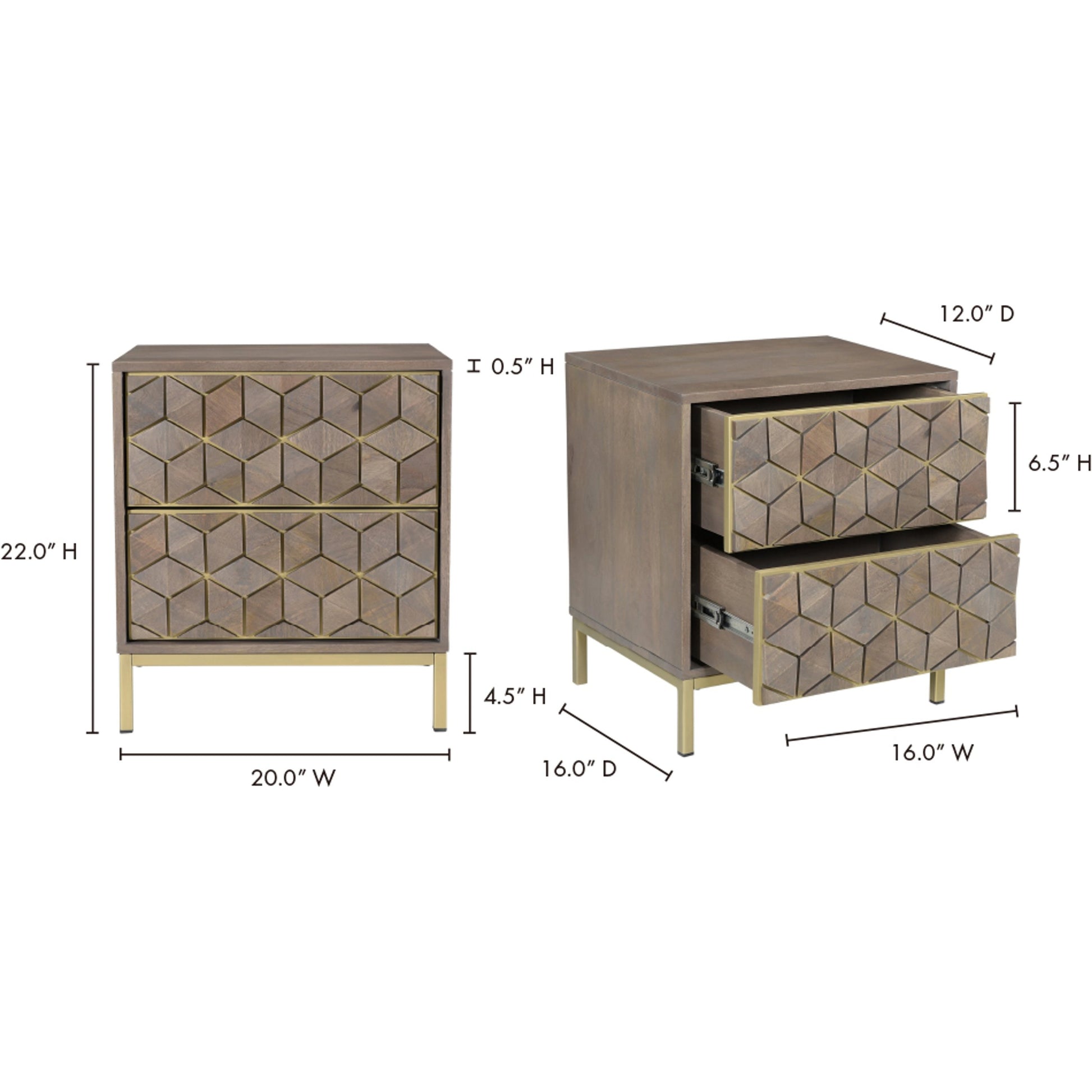 Corolla Nightstand by Moe's Home Collection in light gray, brass. Made from solid mango wood, veneers over mdf, iron base in a eclectic & global style.