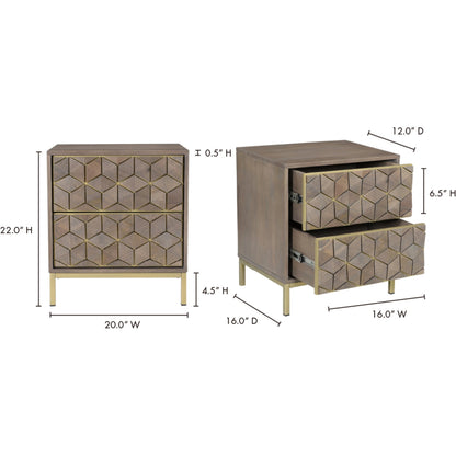 Corolla Nightstand by Moe's Home Collection in light gray, brass. Made from solid mango wood, veneers over mdf, iron base in a eclectic & global style.