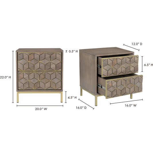 Corolla Nightstand by Moe's Home Collection in light gray, brass. Made from solid mango wood, veneers over mdf, iron base in a eclectic & global style.
