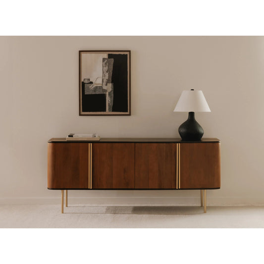 Dionne 4 Door Sideboard by Moe's Home Collection in dark brown. Made from mango wood, metal legs, handles, mdf back in a unique style.