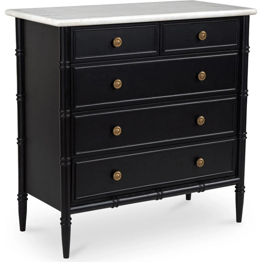 Eleanor 5 Drawer Chest by Moe's Home Collection in black. Made from banswara marble top, mdf frame, case, drawers, solid mango wood legs in a unique style.