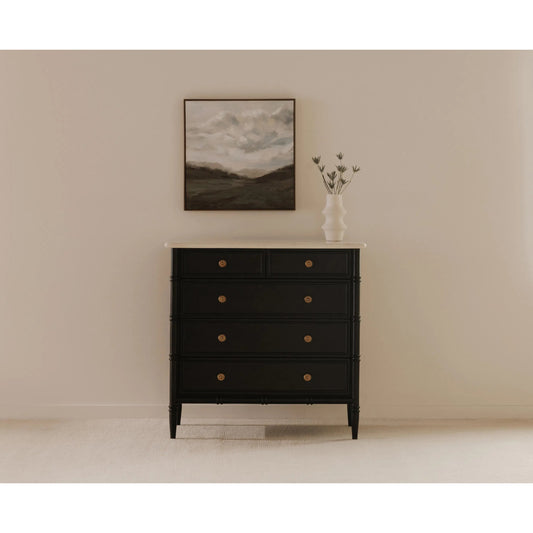 Eleanor 5 Drawer Chest by Moe's Home Collection in black. Made from banswara marble top, mdf frame, case, drawers, solid mango wood legs in a unique style.