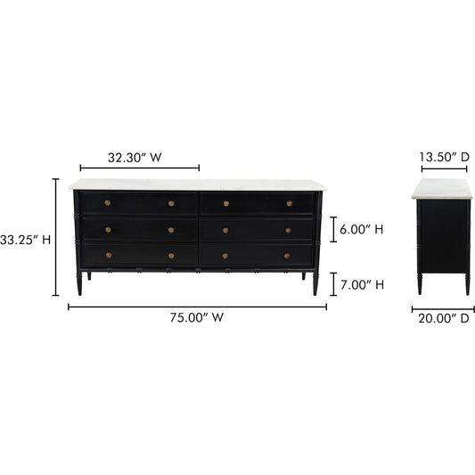 Eleanor 6 Drawer Dresser by Moe's Home Collection in black. Made from banswara marble top, mdf frame, case, drawers, solid mango wood legs in a unique style.
